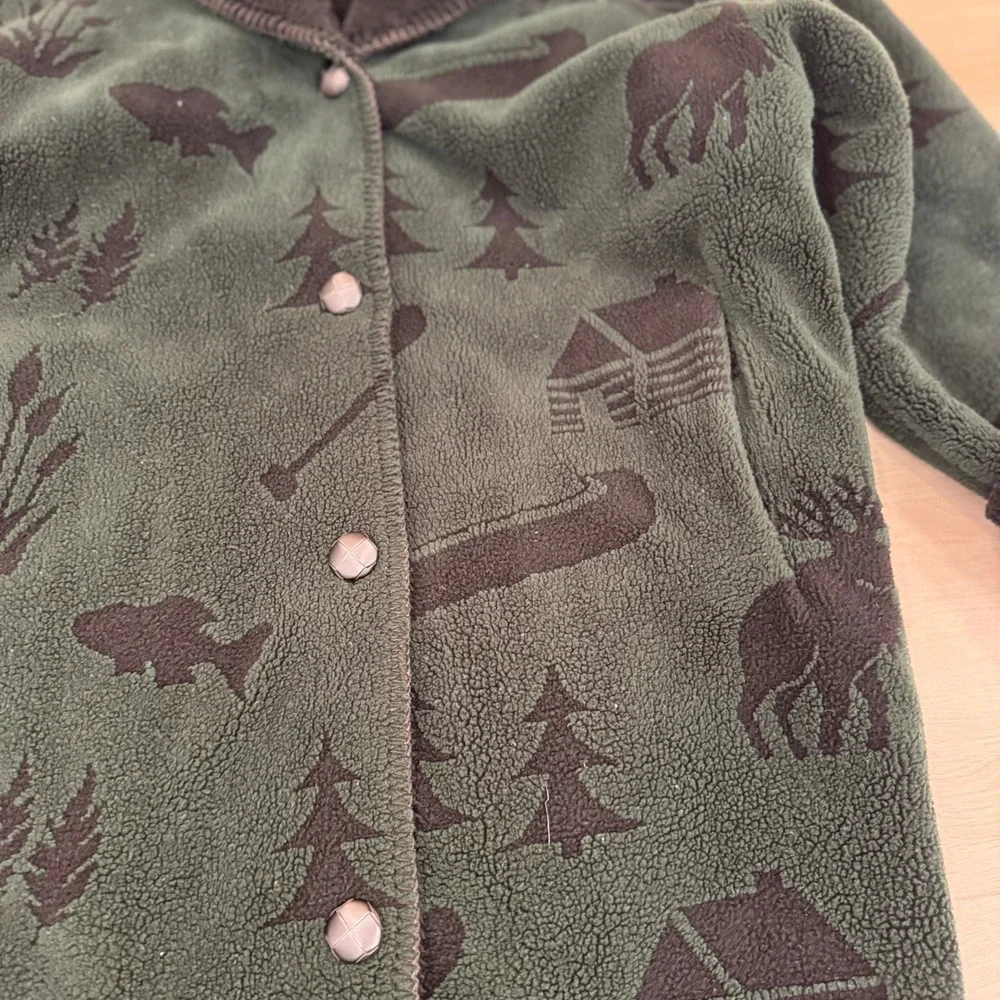 VTG! Denali Reversible Fleece Coat Cabin Print Shawl Collar Long Sleeve Green M - Picture 11 of 16